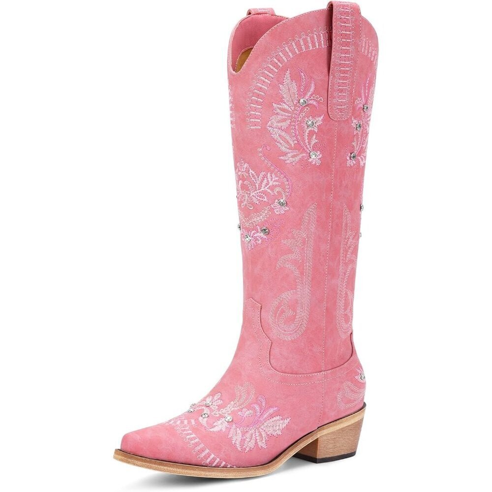 Women Polyurethane Pink Rhinestone Embroidered Chunky Heel Knee High Tall Boots